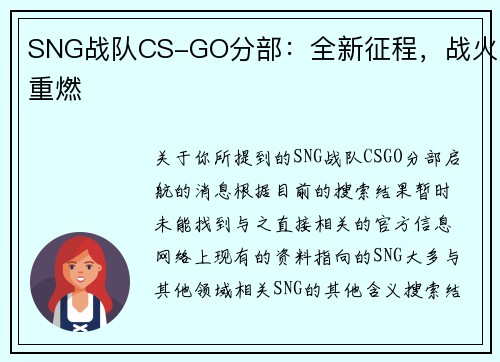 SNG战队CS-GO分部：全新征程，战火重燃